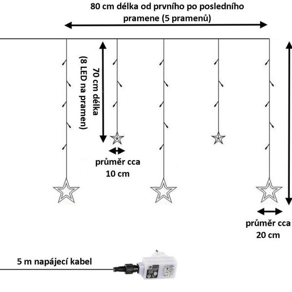 VOLTRONIC Vianočný záves, 5 hviezd, 61 LED, farebný, ovládač