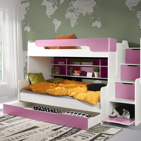 Detská poschodová posteľ s rozšíreným spodným lôžkom a zásuvkou HARRY bielo-ružová - 200x90/120 cm