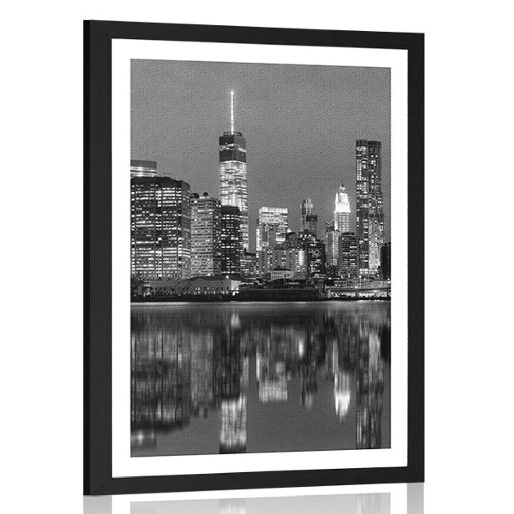 Plagát s paspartou odraz Manhattanu vo vode v čiernobielom prevedení - 60x90 black