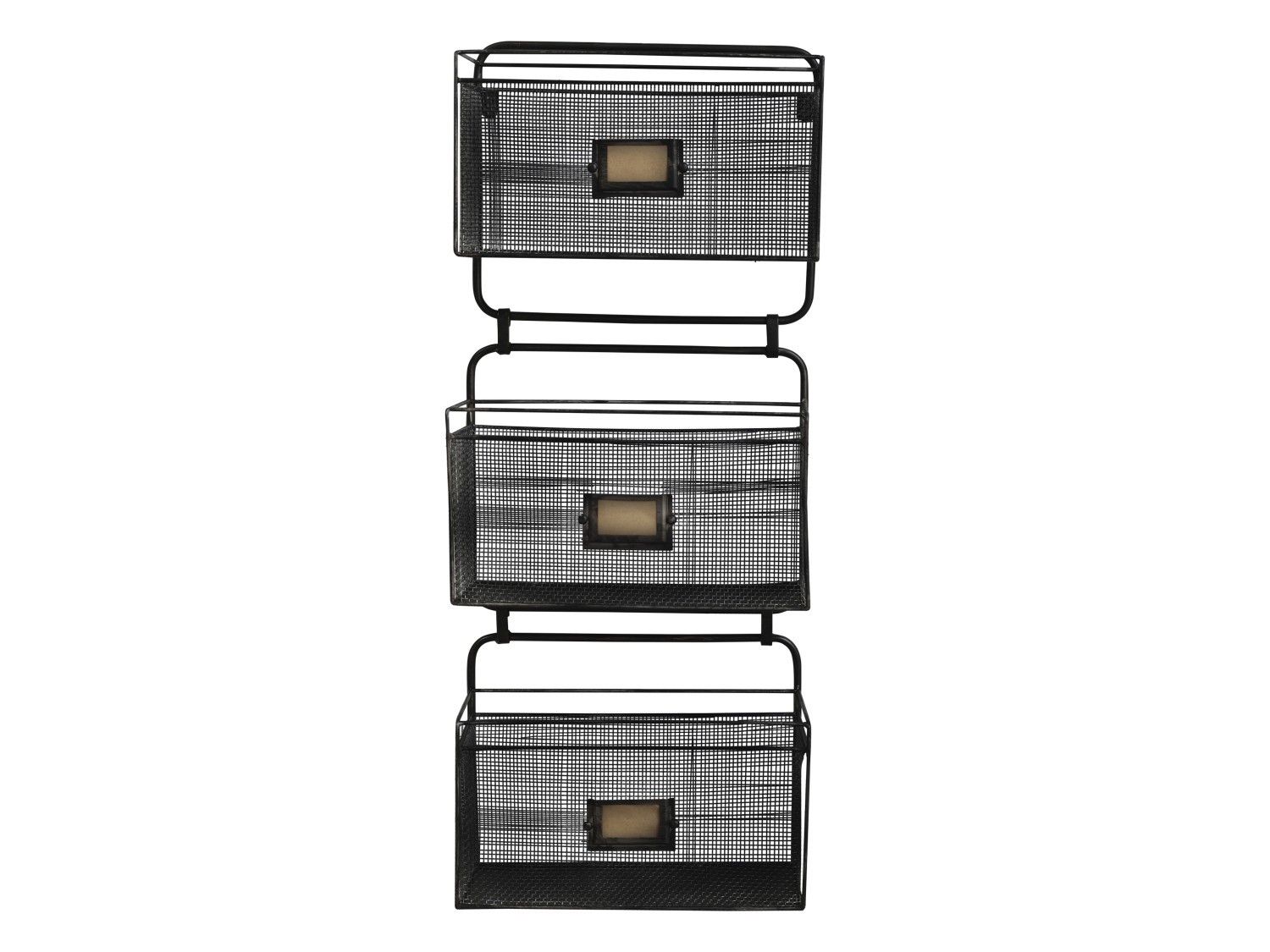 Čierna antik nástenná kovová polička s drôtenými košíkmi Fil de fer - 32*14*83cm