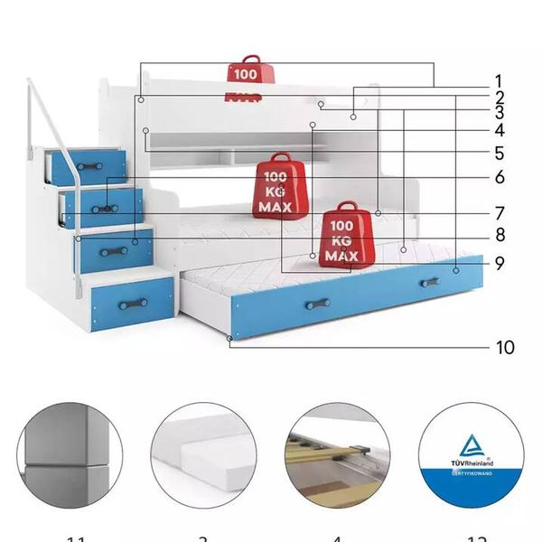 MAX 3 - Poschodová posteľ (rozšírená) s prístelkou - 200x120cm - Biely - Modrý