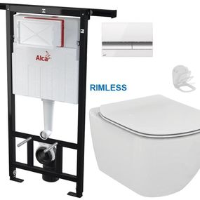 ALCADRAIN Alcadrain Jádromodul - predstenový inštalačný systém s bielym / chróm tlačidlom M1720-1 + WC Ideal Standard Tesi se sedlem RIMLESS AM102/1120 M1720-1 TE2