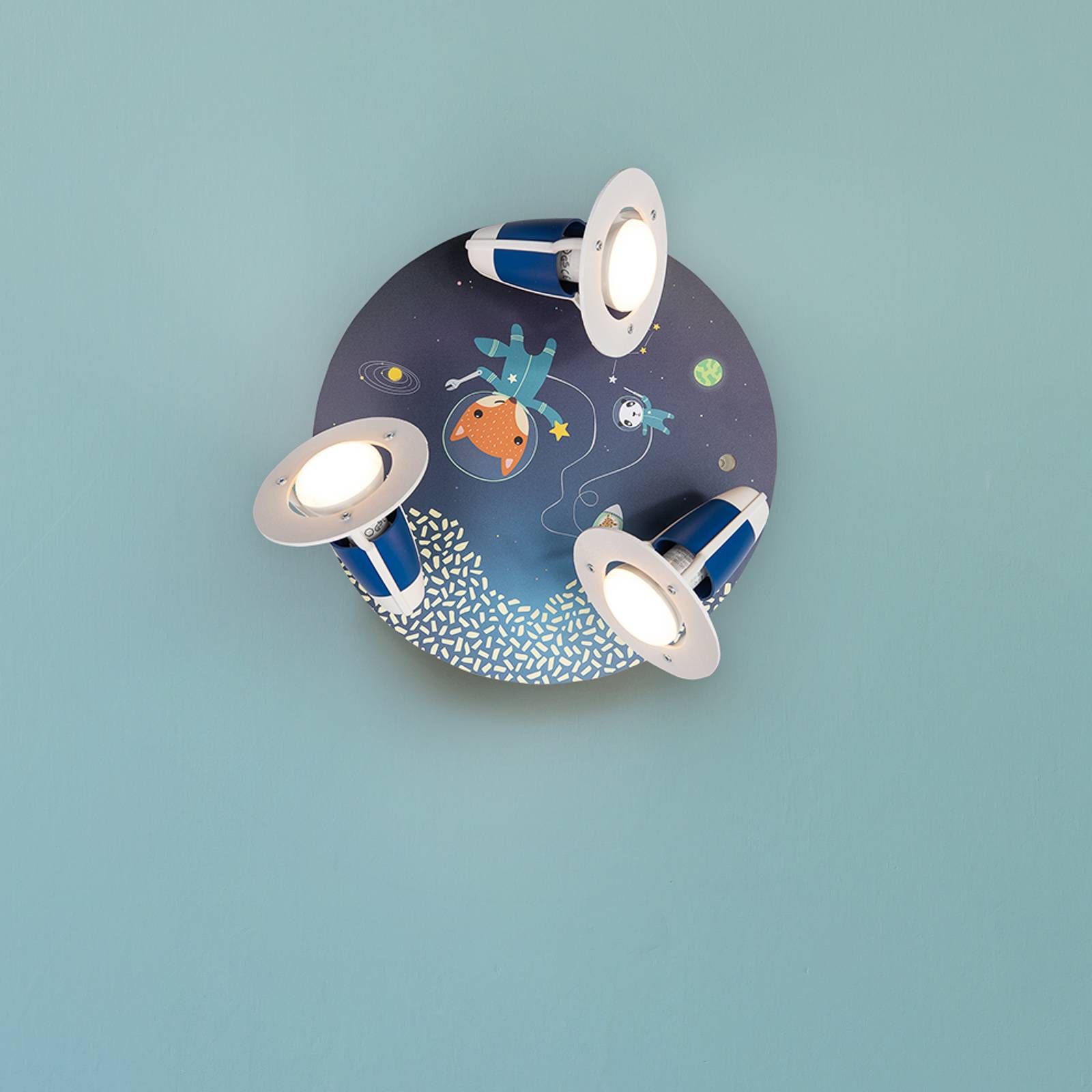 Elobra Stropné svietidlo rondel Space Mission, modrá, Detská izba, drevo, E14, 40W, K: 20cm