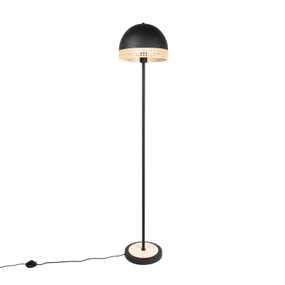 Lindby Lonnaris stojacia lampa s ratanom, čierna, Obývacia izba / jedáleň, železo, ratan, E27, 15W, K: 150cm