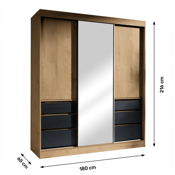 Skriňa s posúvacími dverami, dub lefkas/čierna, 180, ROMUALDA