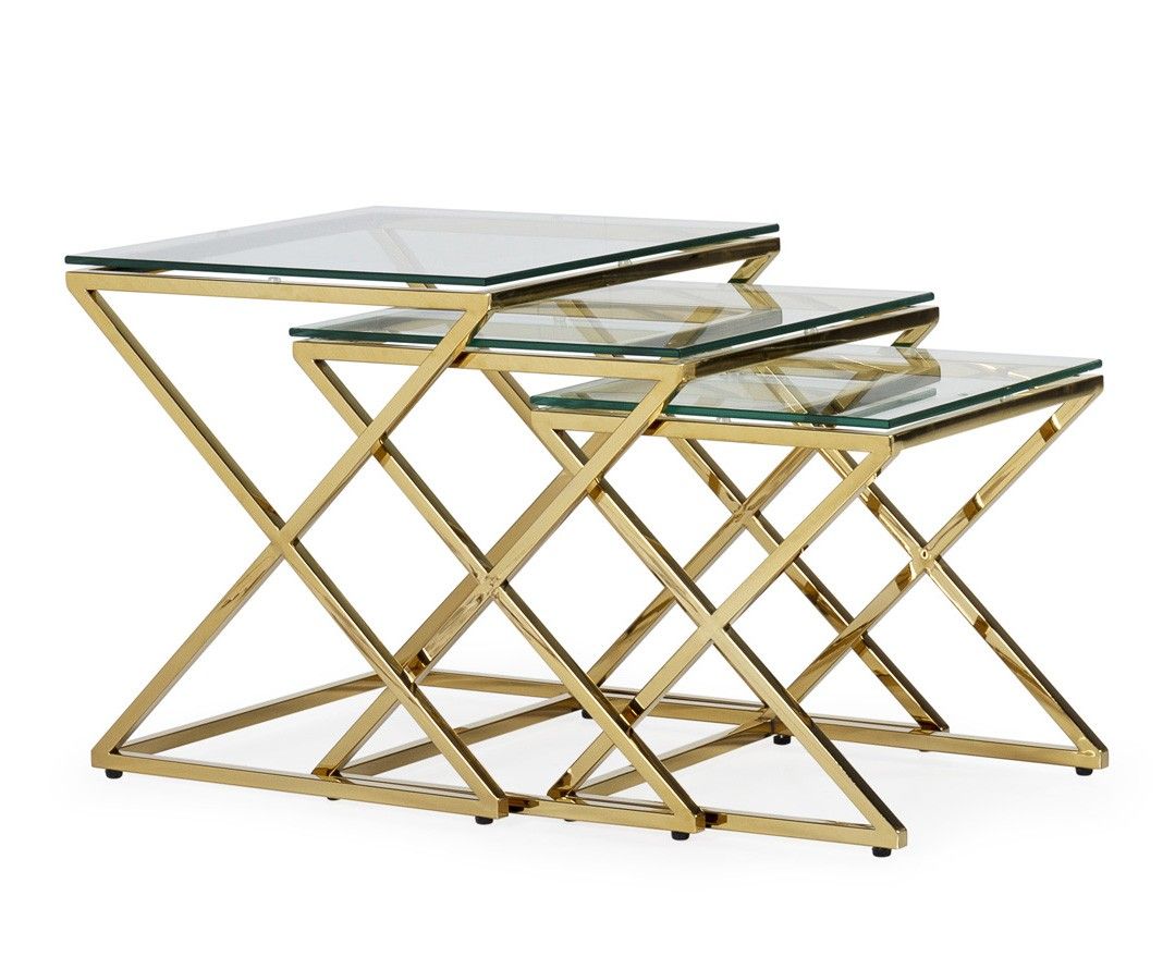 Estila Art deco set troch sklenených príručných stolíkov Brilia s kovovou konštrukciou lesklej zlatej farby
