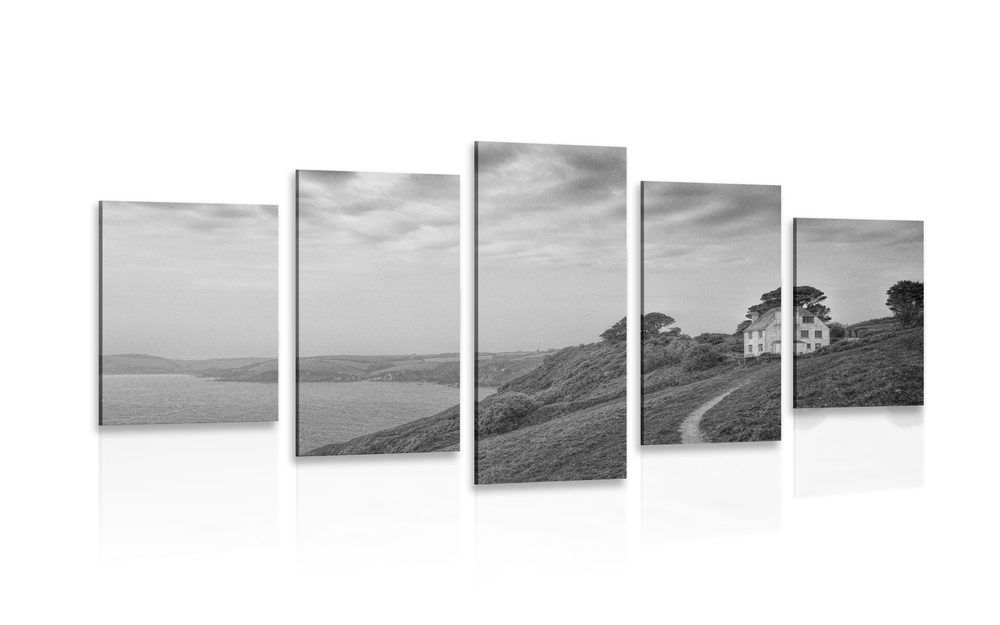 5-dielny obraz dom na útese v čiernobielom prevedení - 100x50