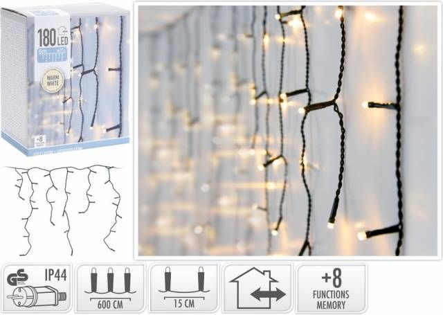 Kinekus Svetlo vianočné cencúle 180 LED teplé biele, 6 m, s funkciami, vonkajšie/vnútorné