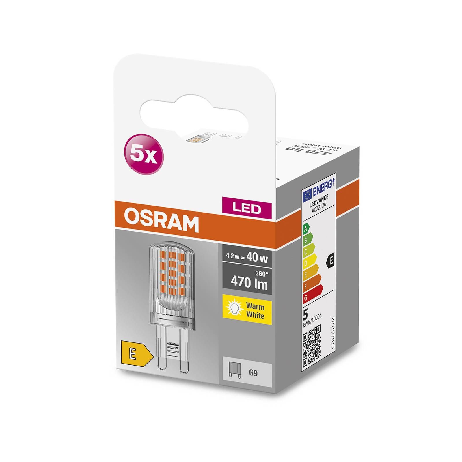 OSRAM Base PIN LED kolík G9 4, 2W 470lm 5ks, plast, G9, 4.2W, Energialuokka: E, P: 5.2 cm