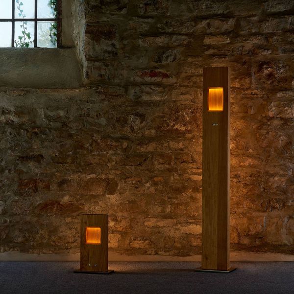 HerzBlut Pan stojaca LED lampa dub, stmievateľná, Obývacia izba / jedáleň, dubové drevo, železo, 36.5W, P: 25 cm, L: 17 cm, K: 145cm