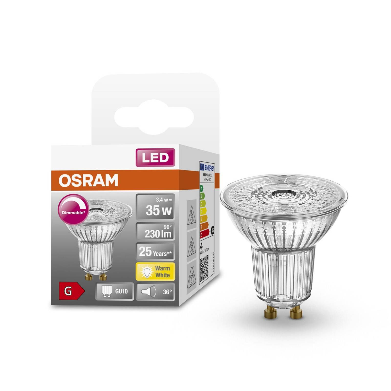 OSRAM LED reflektor GU10 3, 4W 927 36° stmievateľná, sklo, GU10, 3.4W, Energialuokka: G, P: 5.2 cm