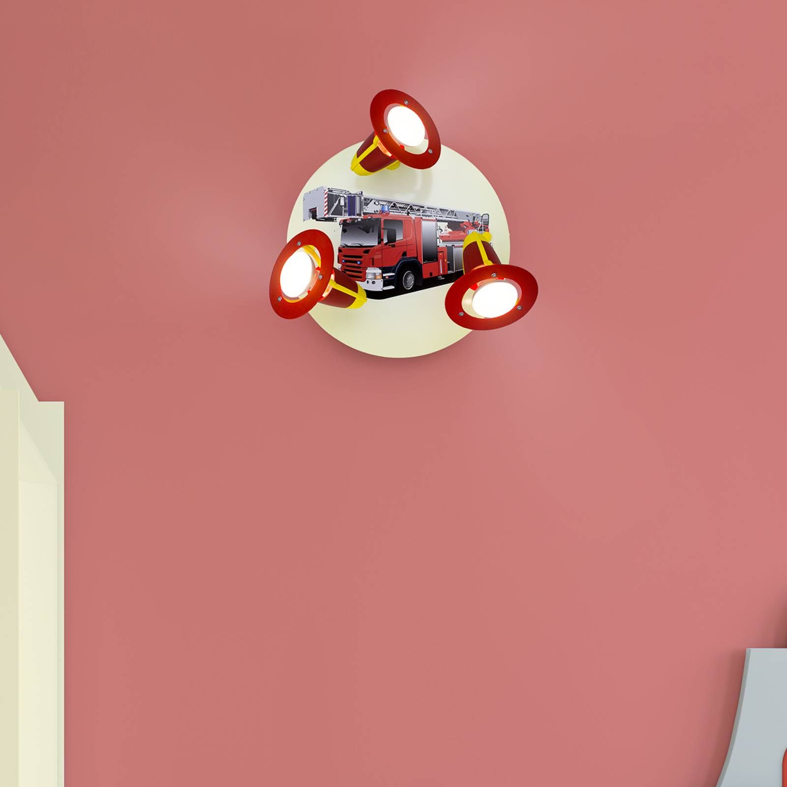 Elobra Nástenné svetlo Požiarnicke auto červenožlté 3-pl., Detská izba, drevo, E14, 40W, K: 20cm