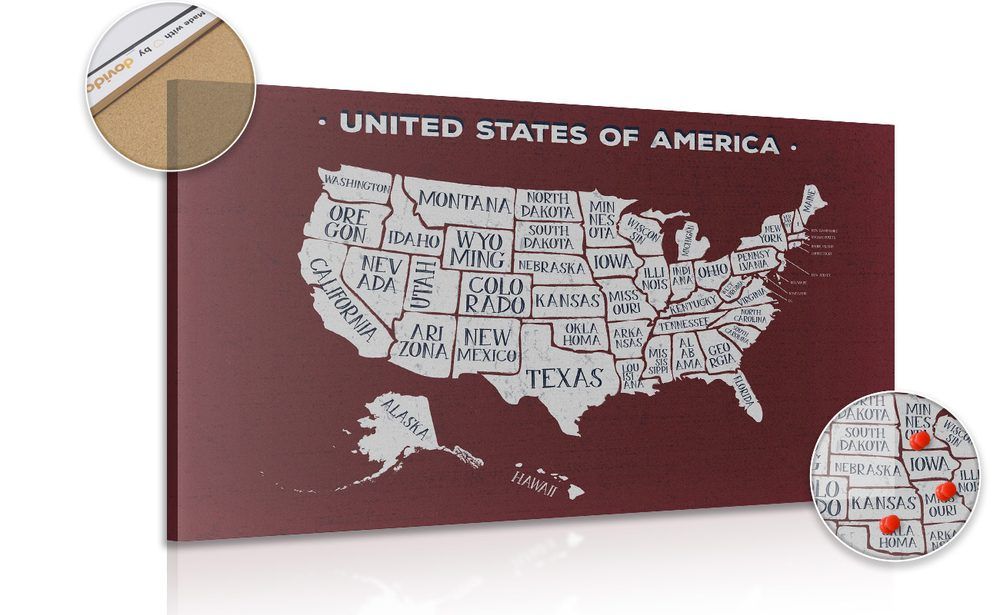 Obraz na korku náučná mapa USA s bordovým pozadím - 120x80  transparent