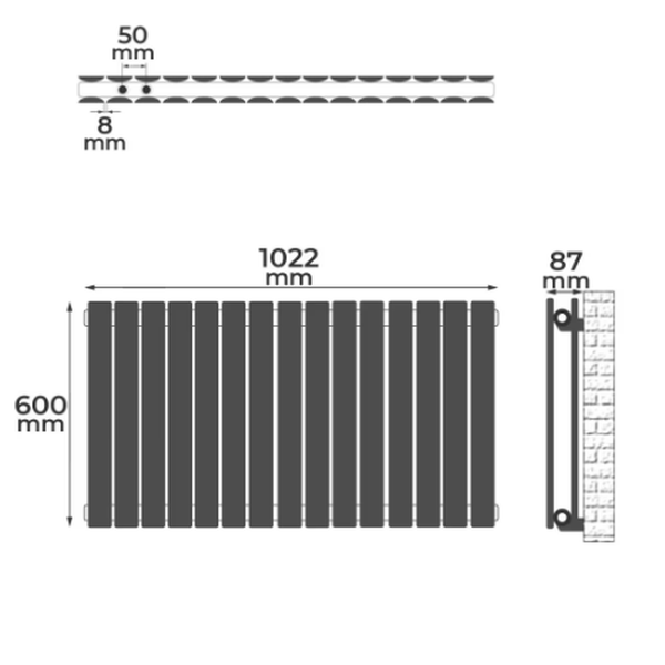 Horizontálny radiátor, stredové pripojenie, 600 x 1022 mm