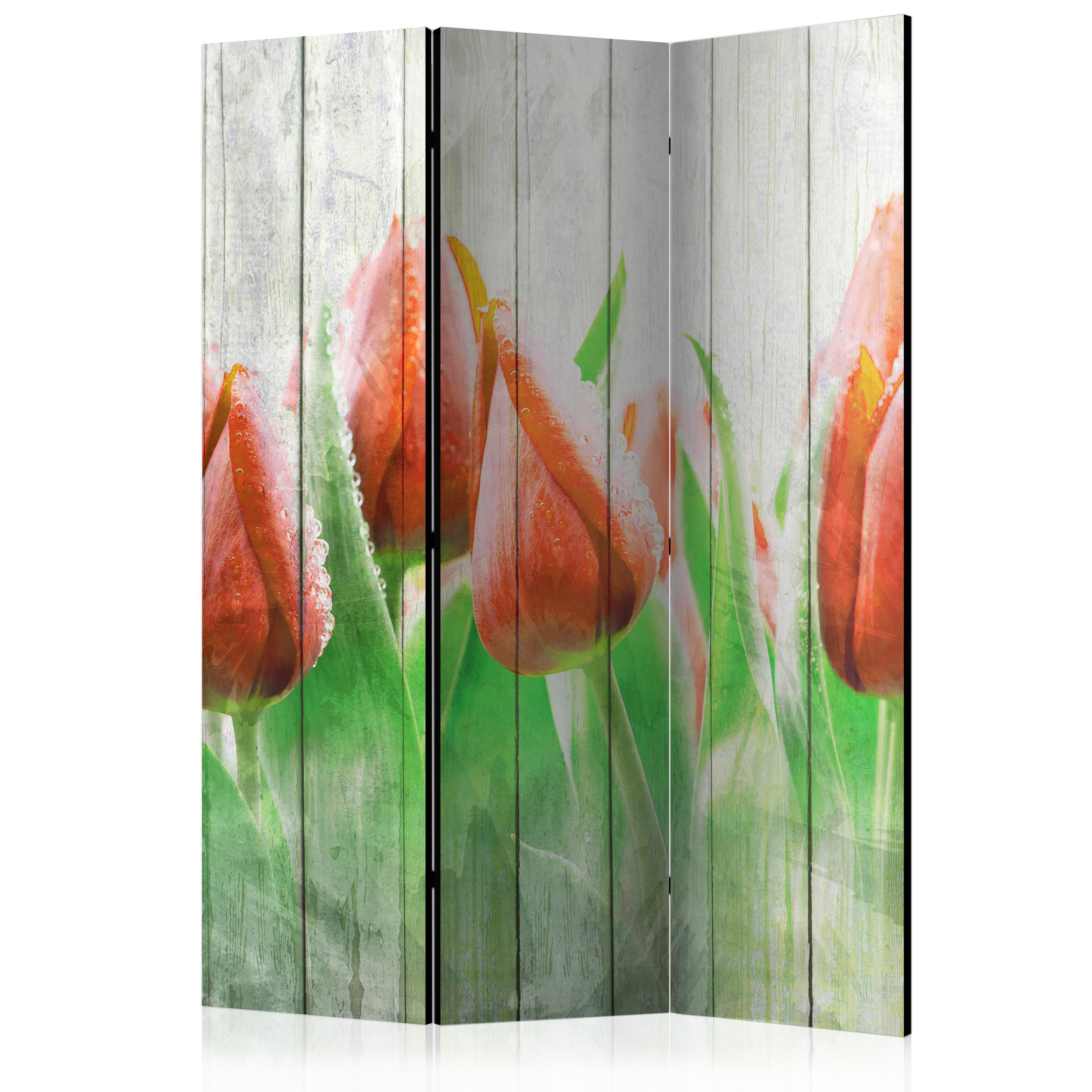 Artgeist Paraván - Red tulips on wood [Room Dividers]