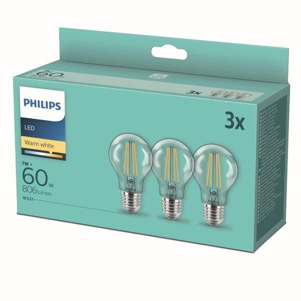 Philips 8718699777777 LED sada filamentových žiaroviek 3x7W-60W | E27 | 806lm | 2700K - set 3ks, číra