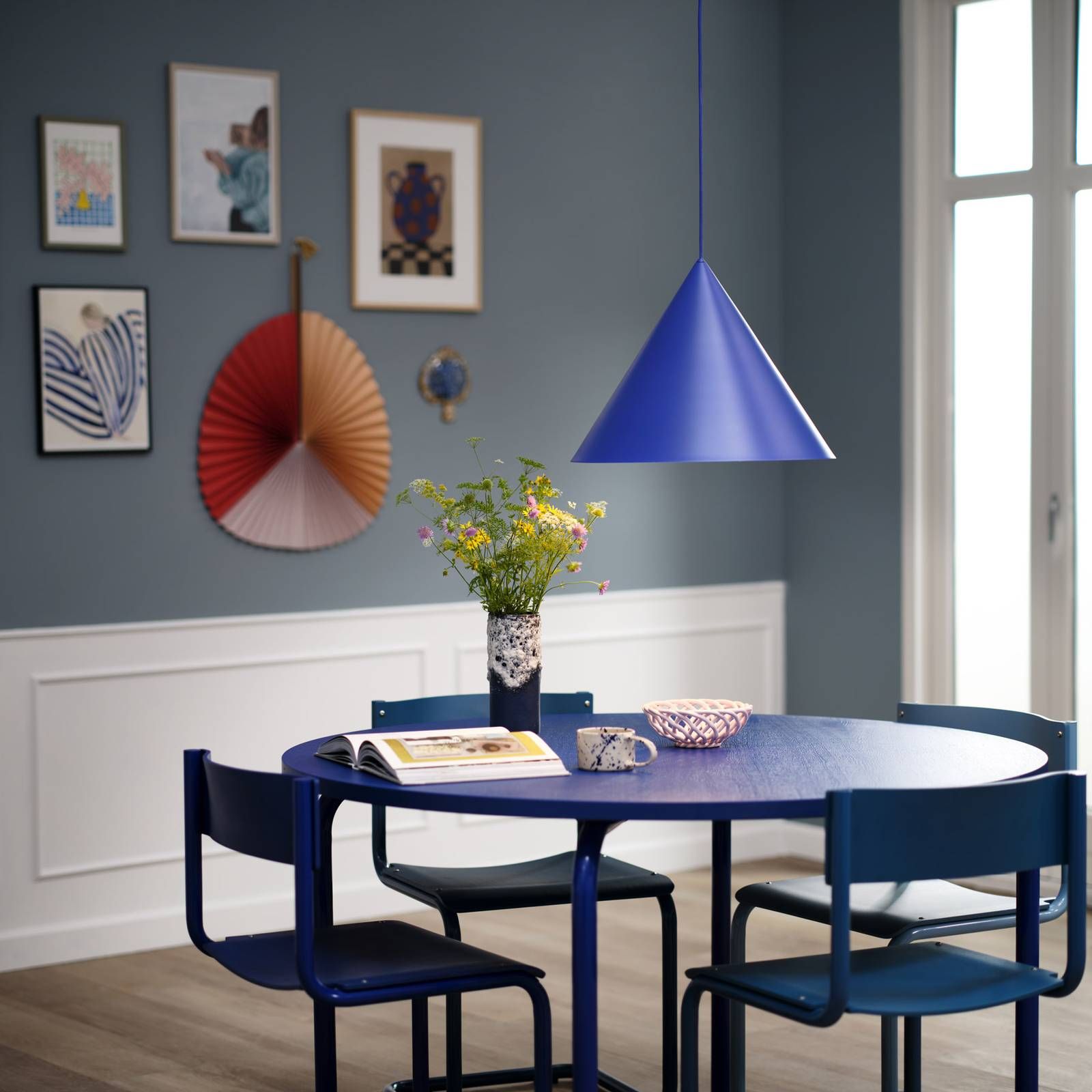 FRANDSEN Benjamin svietidlo Ø 46 cm modrá matná, Obývacia izba / jedáleň, kov, látka, E27, 25W, K: 35cm
