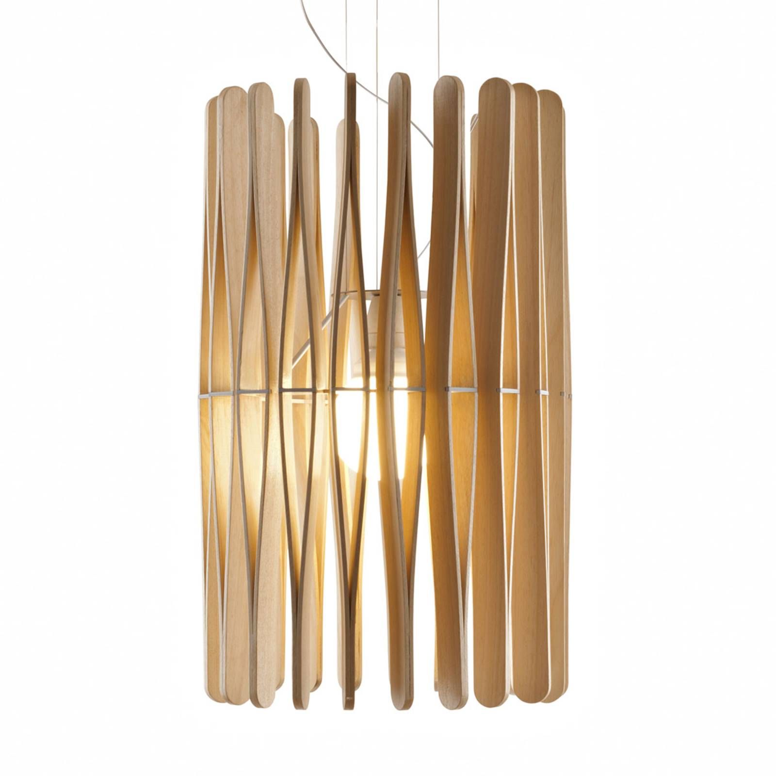 Fabbian Stick drevená závesná lampa valcovitá 43cm, Obývacia izba / jedáleň, drevo Ayous, kov, E27, 23W, K: 65cm