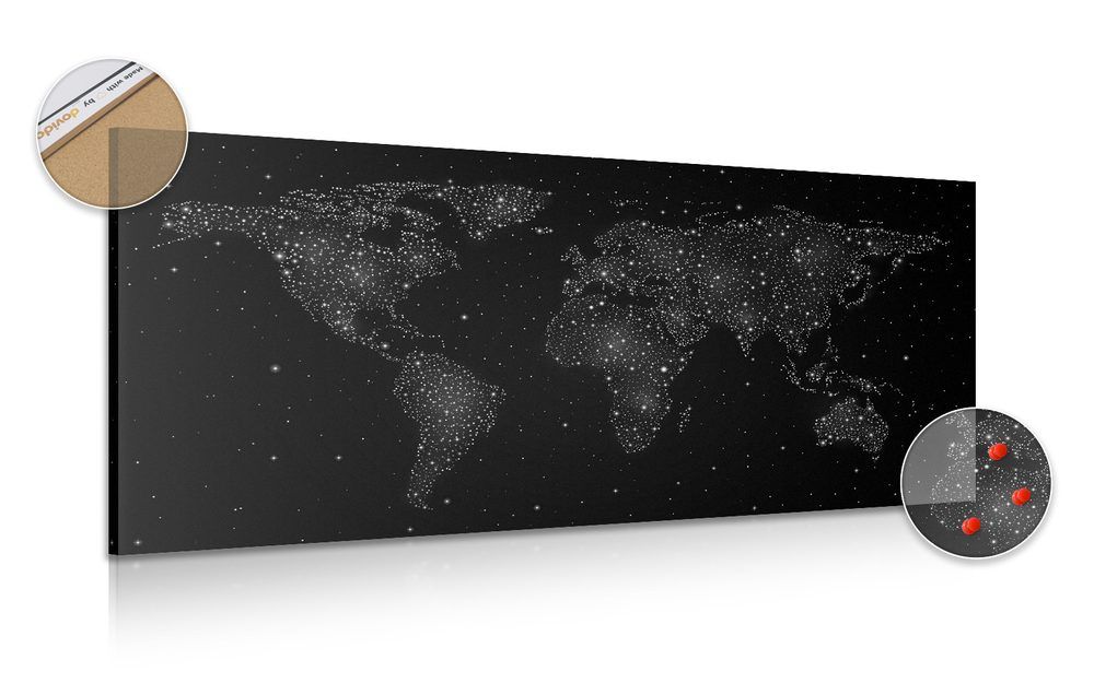 Obraz na korku mapa sveta s nočnou oblohou v čiernobielom prevedení - 120x60