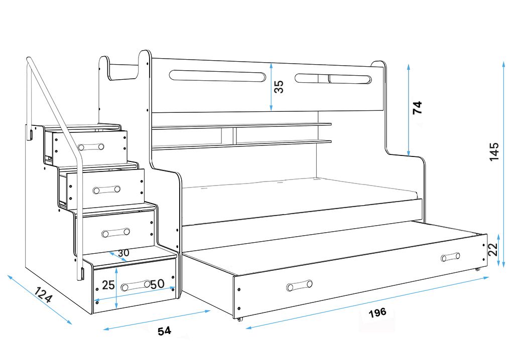 MAX 3 - Poschodová posteľ (rozšírená) s prístelkou - 200x120cm - Biely - Zelený