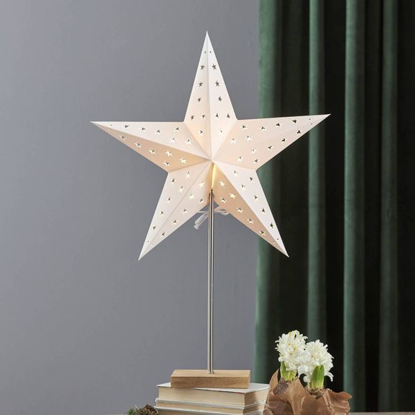 STAR TRADING Stojaca hviezda Leo so vzorom hviezd, biela/dub, papier, drevo, kov, E14, 25W, P: 43 cm, L: 16 cm, K: 65cm