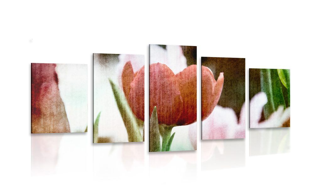 5-dielny obraz lúka tulipánov v retro štýle