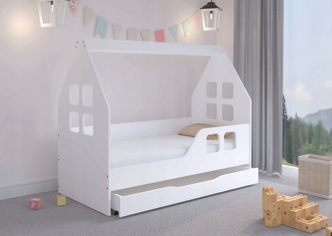 DomTextilu DomTextilu Okúzľujúca detská posteľ so šuflíkom 160 x 80 cm bielej farby v tvare domčeka  Biela 46620 46620