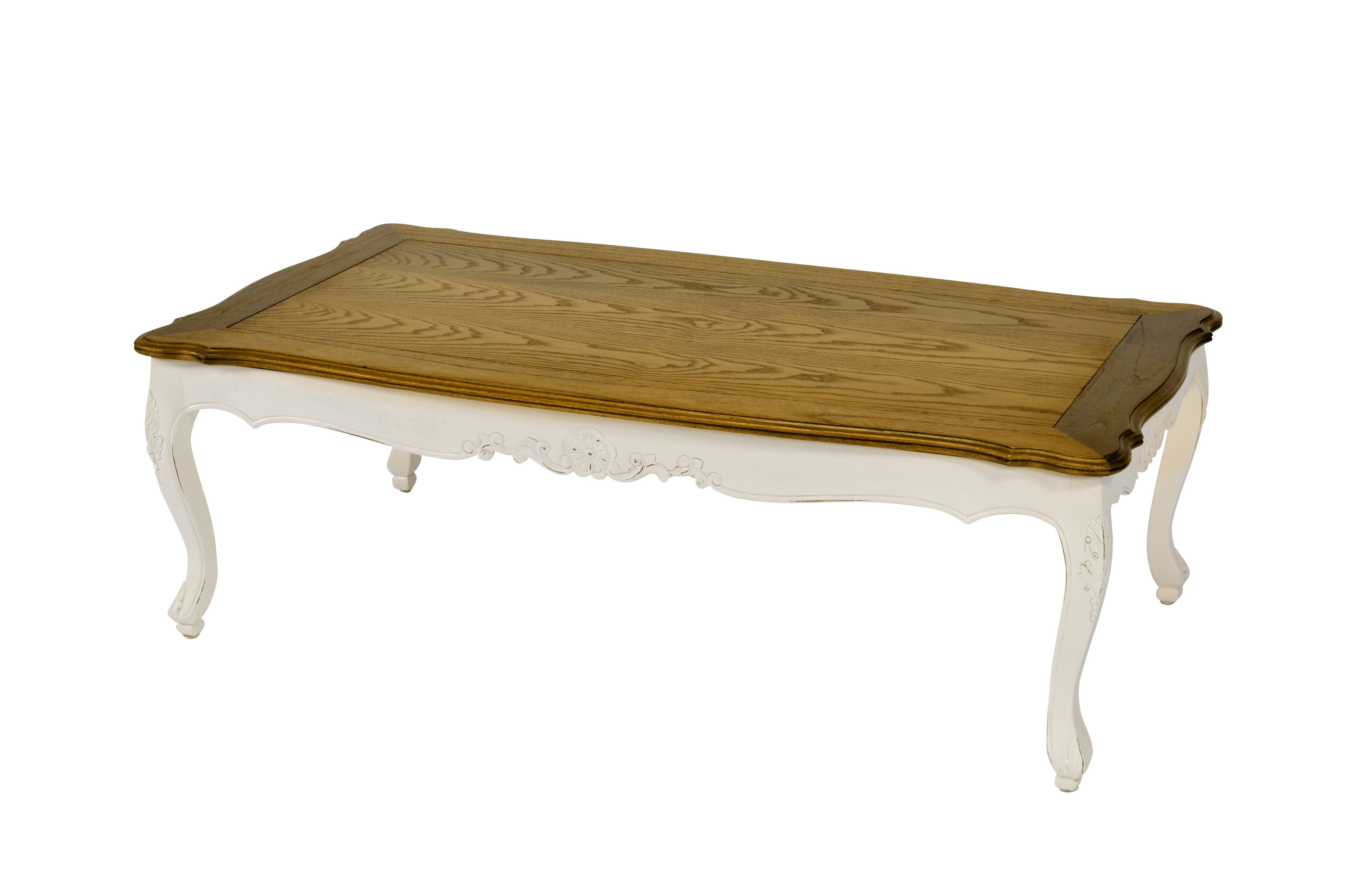 Estila Drevený provensálsky obdĺžnikový konferenčný stolík Preciosa v krémovo bielom masívnom vyhotovení s hnedou vrchnou doskou 130cm