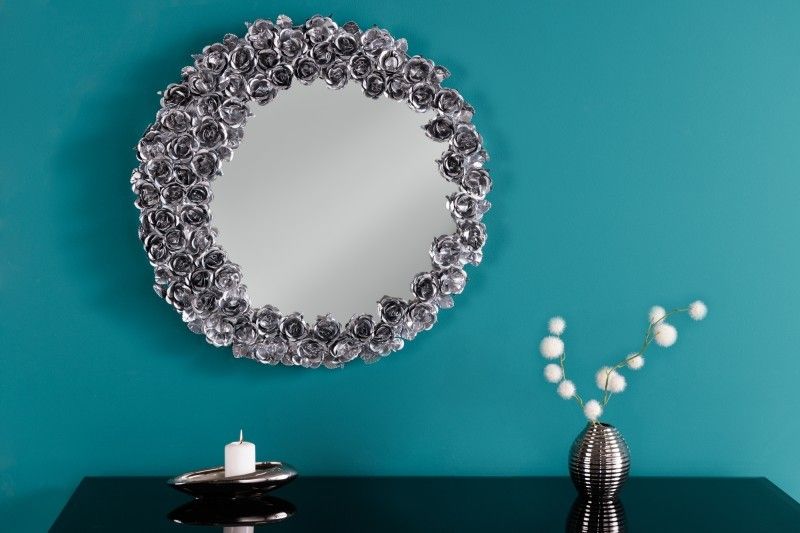 Estila Dizajnové nástenné zrkadlo Rosegarden s okrúhlym rámom s kovovým zdobením v tvare kvetov ruží 60cm