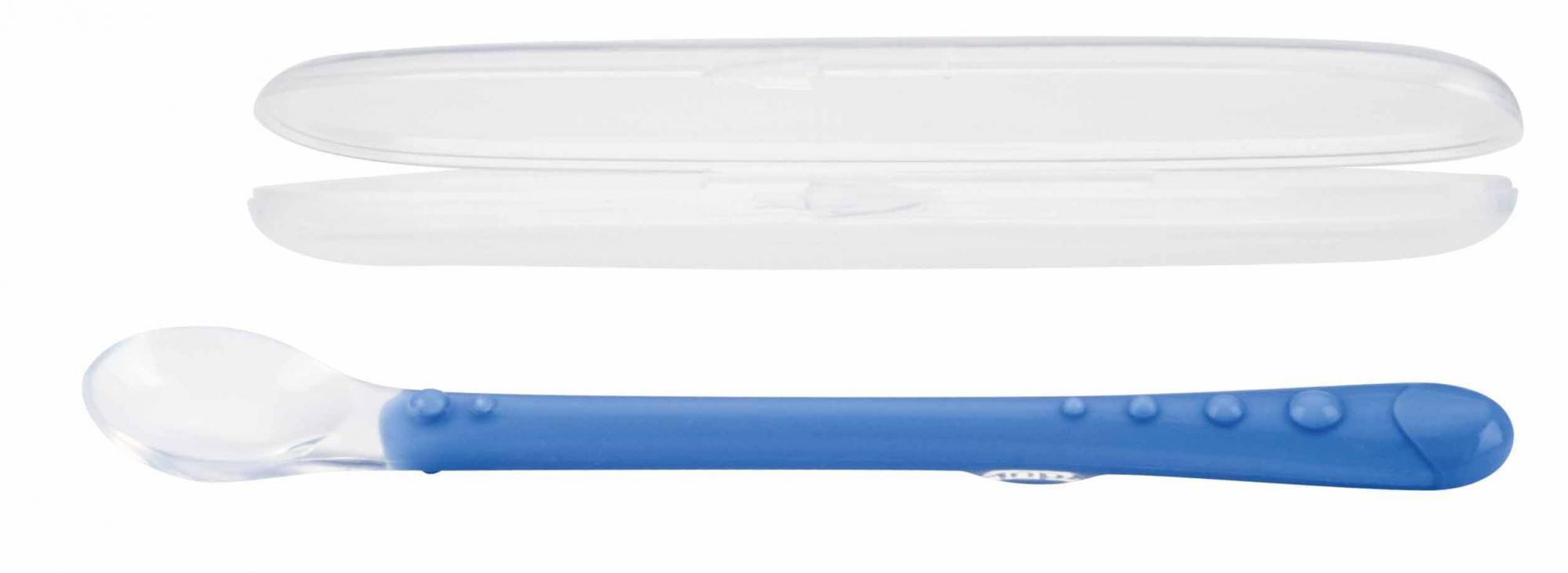 NUBY Lyžička silikón s dlhou rúčkou a s obalom 1 ks, 6 m+, modrá ID5556BLUE