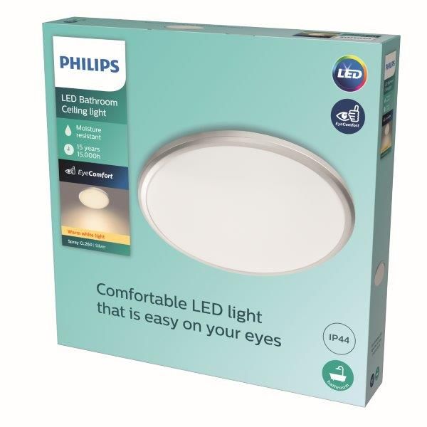 Philips Spray LED CL260 Stropné svietidlo do kúpeľne kruhové 17W/1500lm 377mm 2700K IP44 strieborná