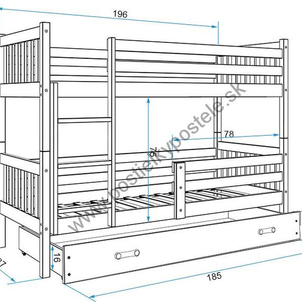Poschodová posteľ CARINO - 190x80cm - Biela - Grafitová
