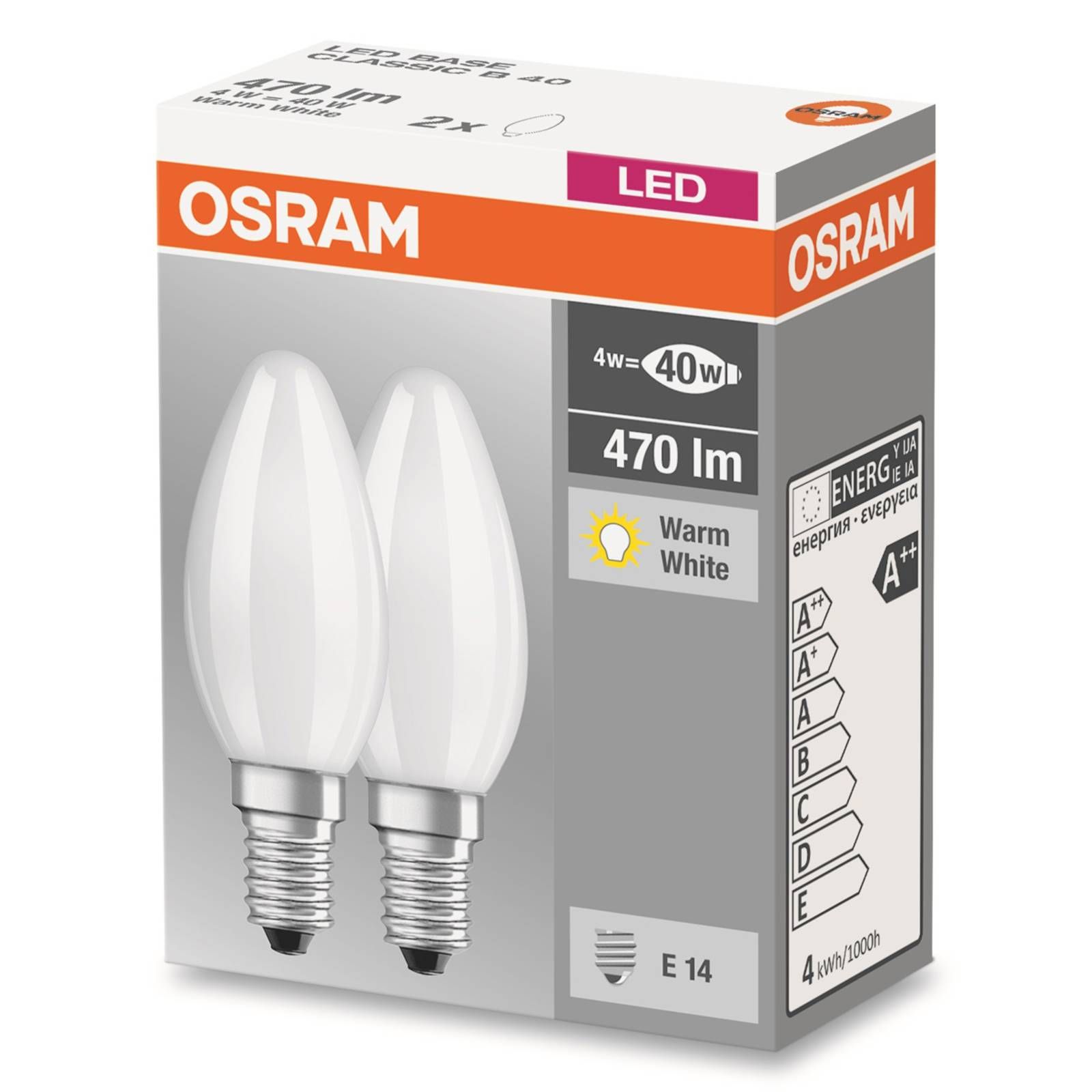 OSRAM LED žiarovka sviečka E14 4W 827 matná súprava 2 ks, plast, E14, 4W, Energialuokka: E, P: 9.7 cm
