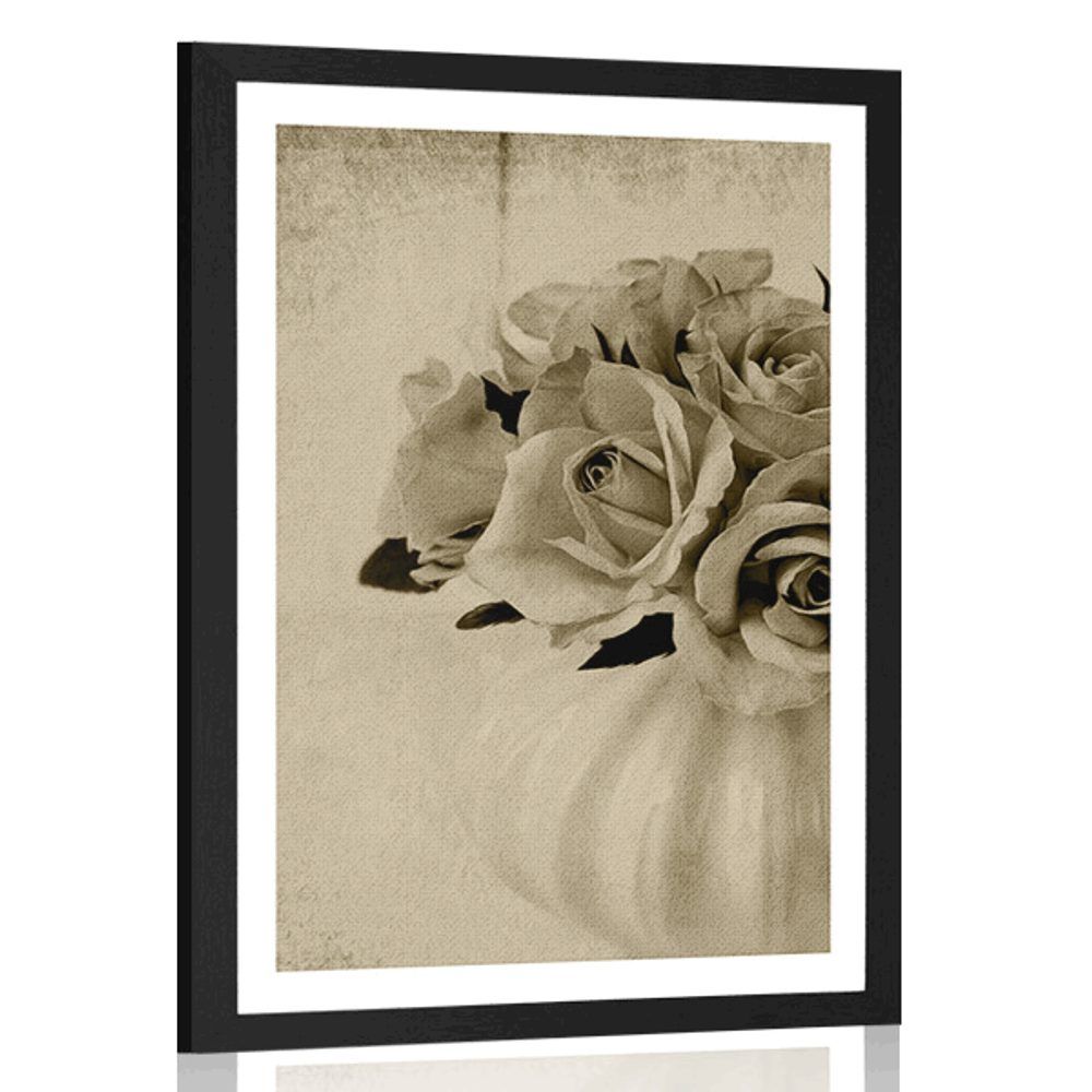 Plagát s paspartou ruže vo váze v sépiovom prevedení - 60x90 black