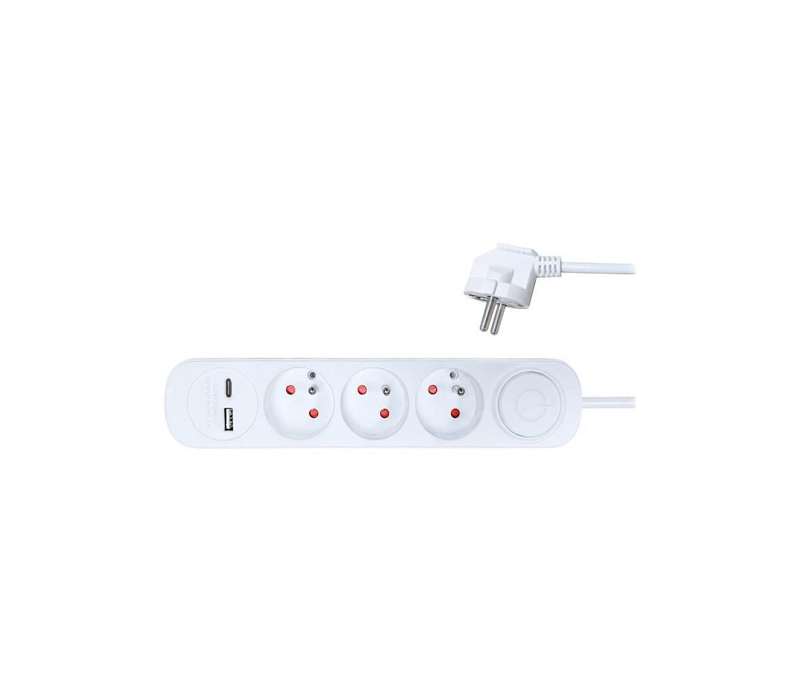 Solight PP111USBC - Predlžovací kábel s vypínačom 3Z + 2xUSB 2m biela