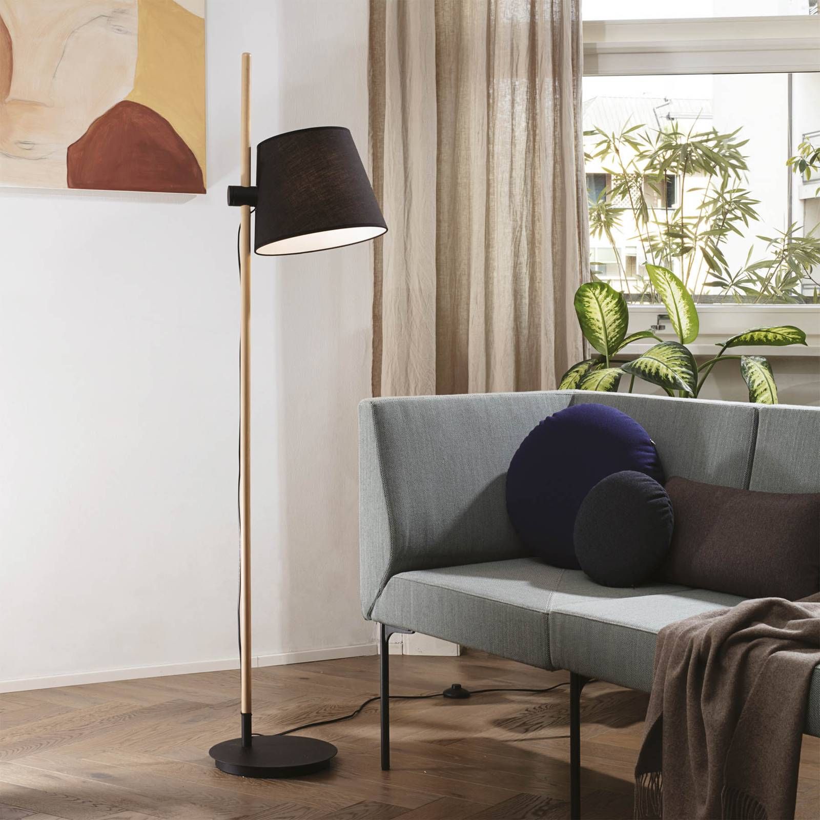 Ideallux Ideal Lux Axel stojaca lampa drevo čierna/prírodná, Obývacia izba / jedáleň, kov, drevo, textil, E27, 60W, L: 30 cm, K: 168cm