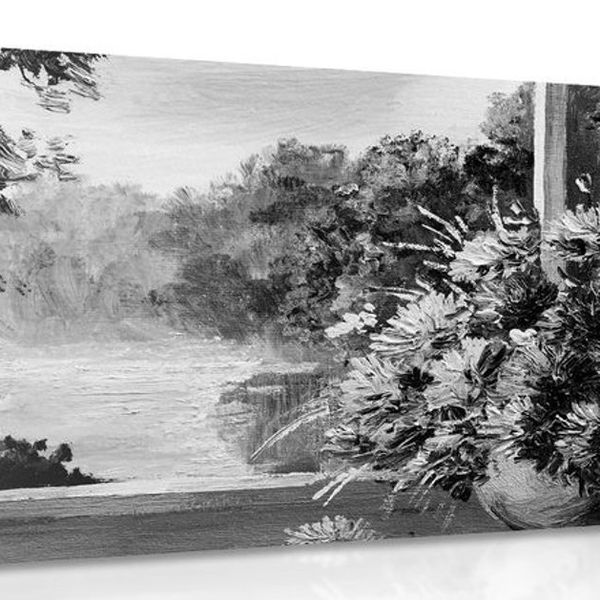 Obraz jarná kytica pri okne v čiernobielom prevedení - 60x40
