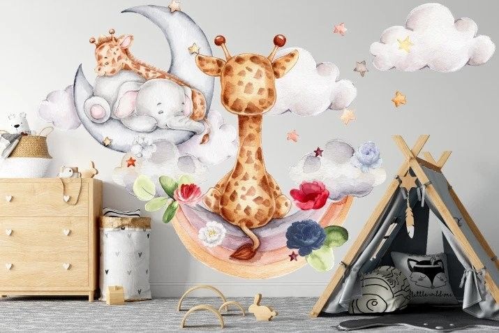 DomTextilu Nálepka na stenu so sloníkom a žirafou v oblakoch 150 x 300 cm