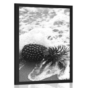 Plagát ananás vo vlne oceánu v čiernobielom prevedení - 40x60 black