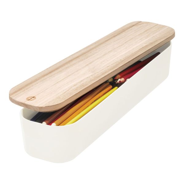 Biely úložný box s vekom z dreva paulownia iDesign Eco, 9 x 36,5 cm