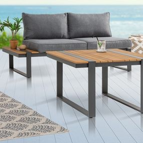 Estila Industriálny dizajnový záhradný stolík Acostado štvorcového tvaru z dreva hnedej farby so sivými kovovými nohami 80cm