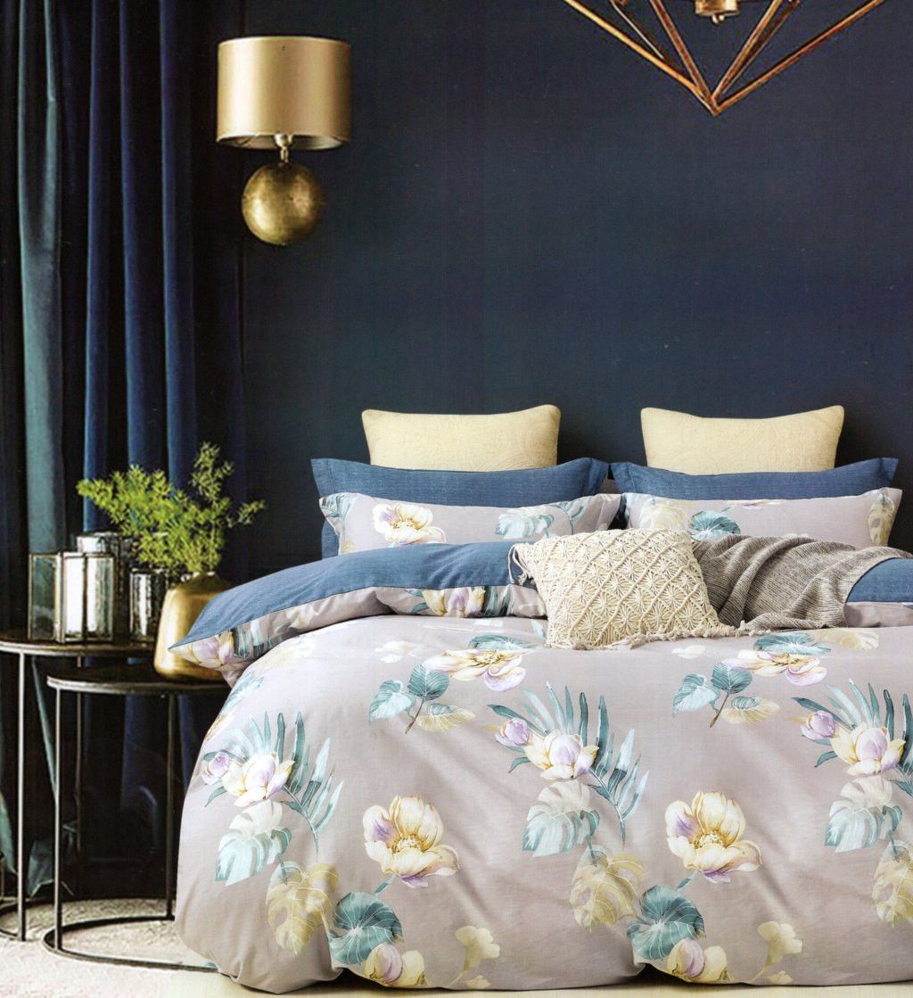 DomTextilu Sivo modré bavlnené posteľné obliečky s kvetmi 3 časti: 1ks 200x220 + 2ks 70 cmx80 Sivá 70 x 80 cm 36942-176573