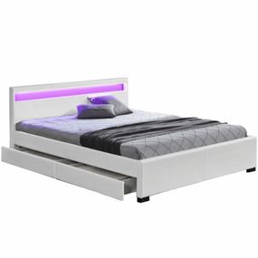Kondela Manželská posteľ, CLARETA, RGB LED osvetlenie, biela ekokoža, 180x200