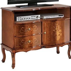 Estila Luxusný rustikálny masívny TV stolík Clasica s poličkou, dvierkami a zásuvkami s vyrezávaným zdobením 87cm