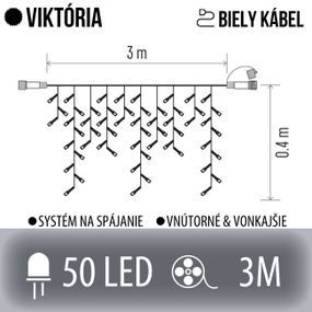 VIKTÓRIA spojovateľná LED svetelná záclona vonkajšia - 50LED - 3M Studená biela - biely kábel