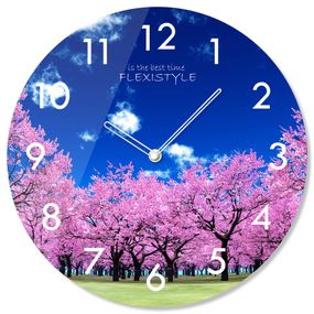 DomTextilu Okrúhle sklenené hodiny 30 cm s motívom kvitnúcich stromov 57470