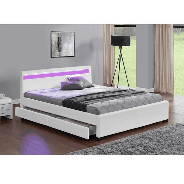 Kondela Manželská posteľ, RGB LED osvetlenie, biela ekokoža, 180x200, CLARETA