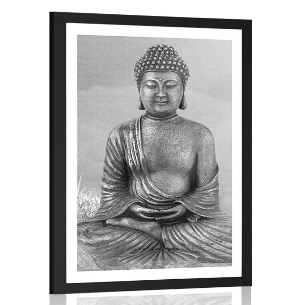Plagát s paspartou socha Budhu v meditujúcej polohe v čiernobielom prevedení - 60x90 black
