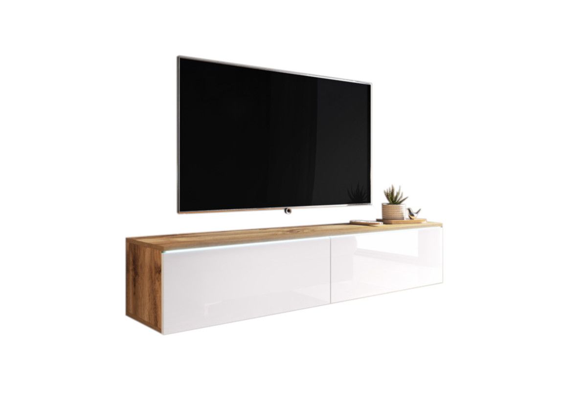 Expedo TV stolík MENDES D 140, 140x30x32, dub wotan/biela lesk + LED