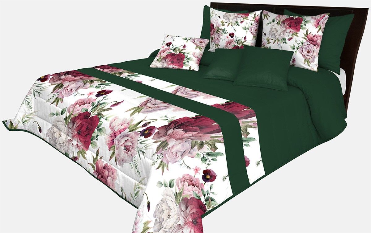 DomTextilu Prešívaný prehoz na posteľ v smaragdovo zelenej farbe s dokonalou potlačou ružových pivonií Šírka: 220 cm | Dĺžka: 240 cm 65858-239508